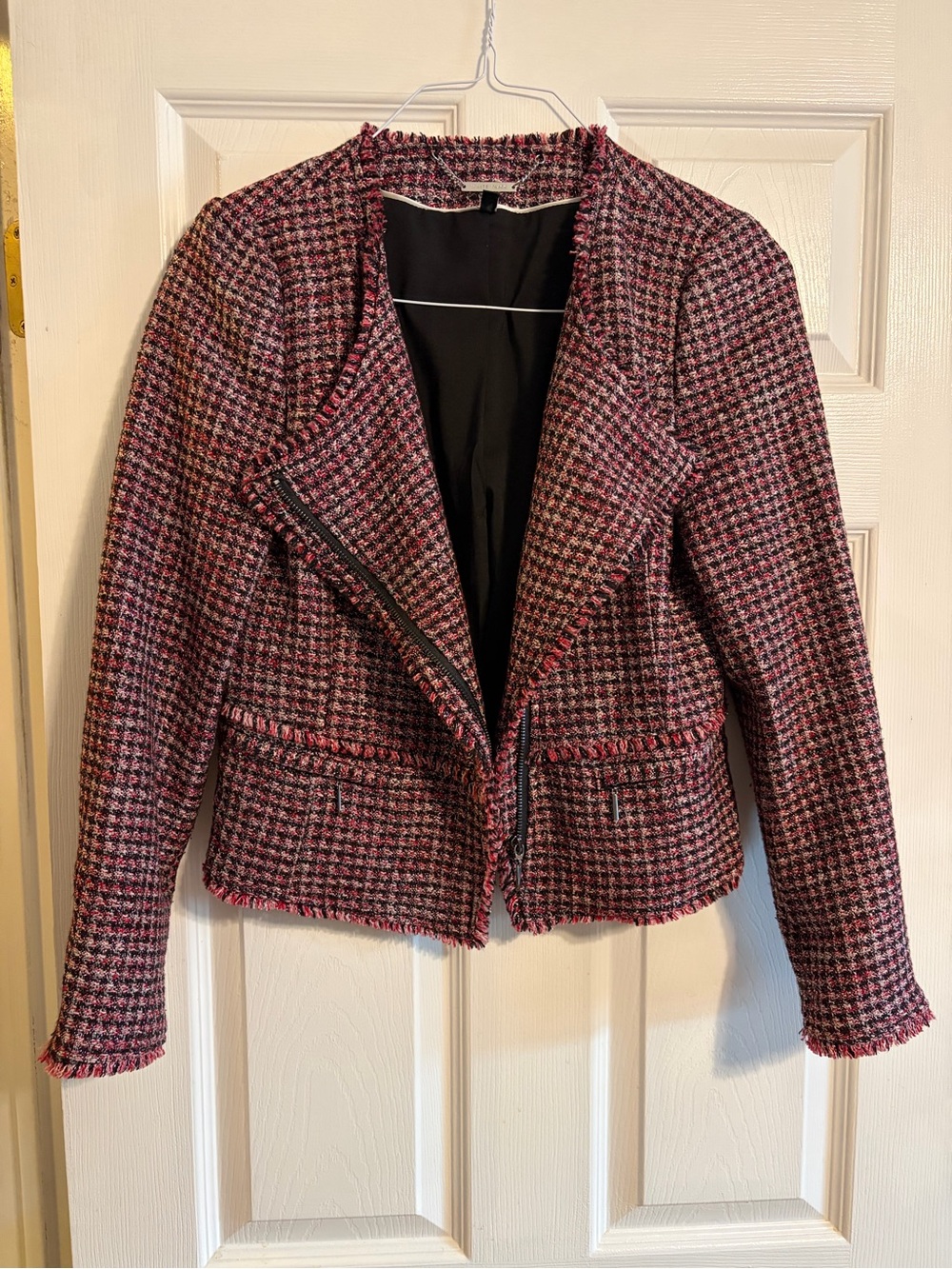 White House Black Market Tweed Moto Jacket Size 6 Pink Black Fringe Metallic
